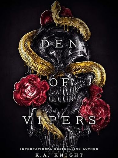 Dark skull entwined with golden snakes and red roses on book cover.