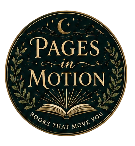 Elegant logo for Pages in Motion, featuring an open book and crescent moon.