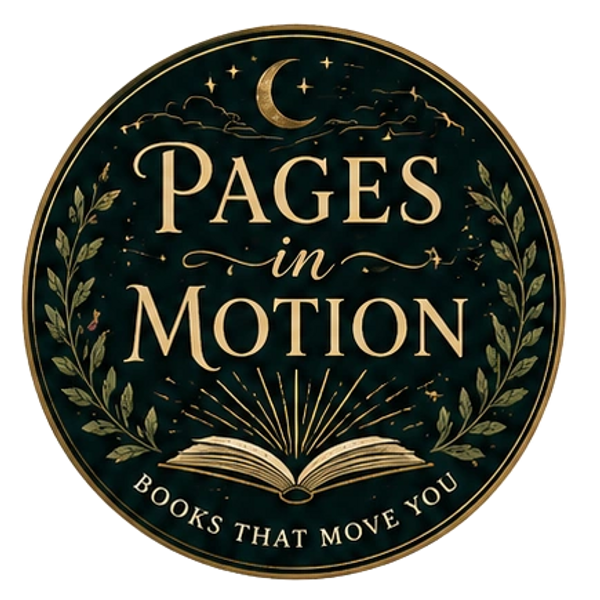 Elegant circular logo for Pages in Motion, a book-themed brand.