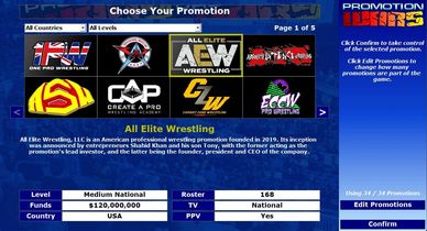 Screen showing wrestling promotion options including AEW and others.