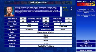 Wrestler Josh Alexander's stats and profile from a wrestling game.