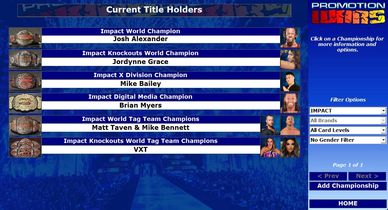 List of current Impact Wrestling title holders with images and navigation options.