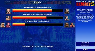 Video game screen showing wrestling feuds and promotion info.