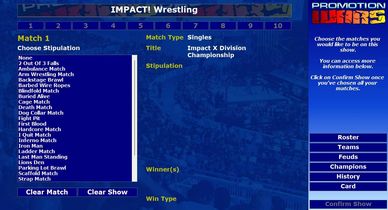 Screenshot of IMPACT! Wrestling match setup menu with match types and stipulations.