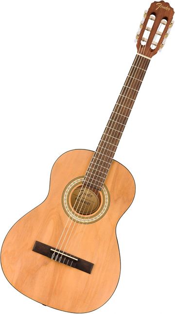 A classic wooden acoustic guitar with nylon strings.