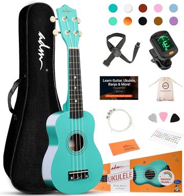 Turquoise ukulele set with case, tuner, strap, picks, and learning materials.