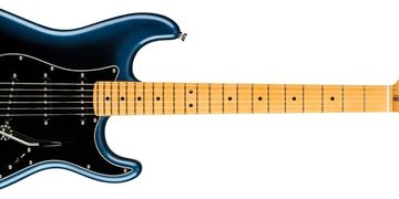 Black electric guitar with maple neck and white pickguard.