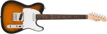 Electric guitar with sunburst finish and white pickguard.