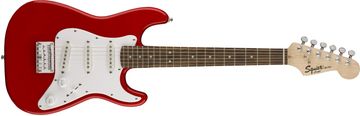 A red electric guitar with a white pickguard and maple neck.