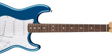 Blue electric guitar with white pickguard and wooden neck.