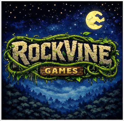 Logo of Rockvine Games with night sky and full moon background.