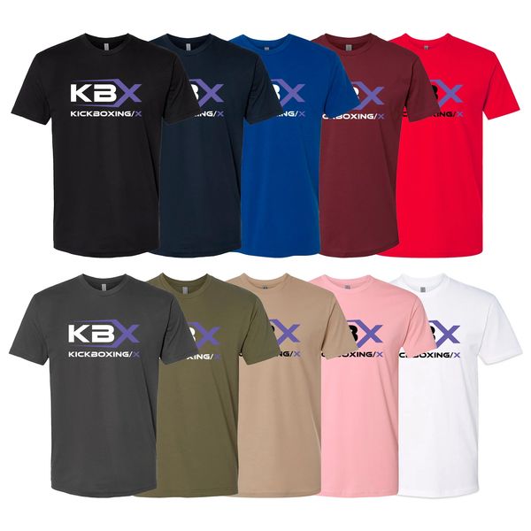 Row of KBX Kickboxing branded t-shirts in various colors.