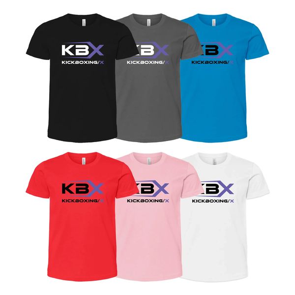 Six kickboxing-themed T-shirts in different colors with KBX logo.