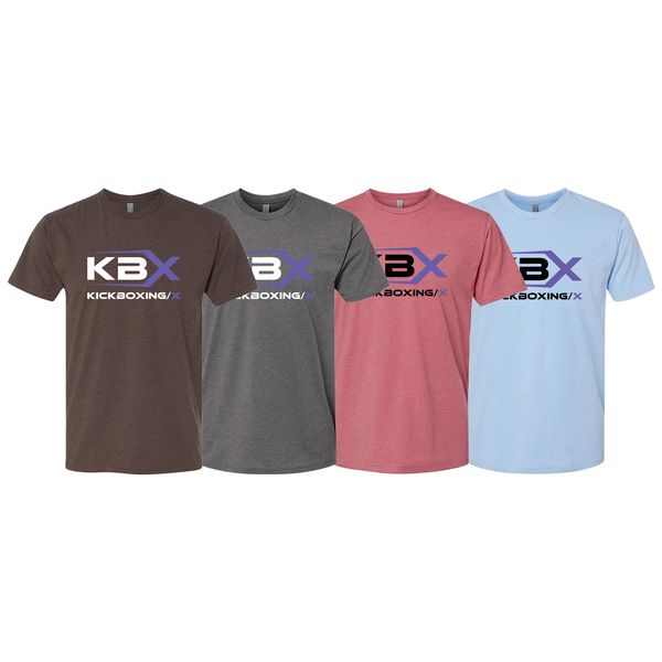 Four KBX Kickboxing T-shirts in different colors.