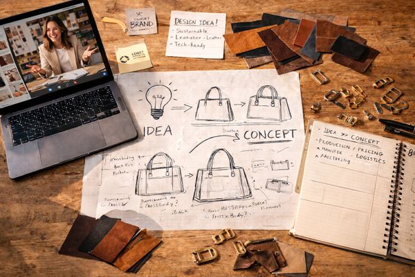 Workspace with handbag design sketches, leather samples, and laptop for virtual collaboration.