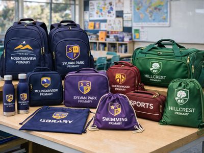 A display of colorful school bags and accessories from various primary schools.