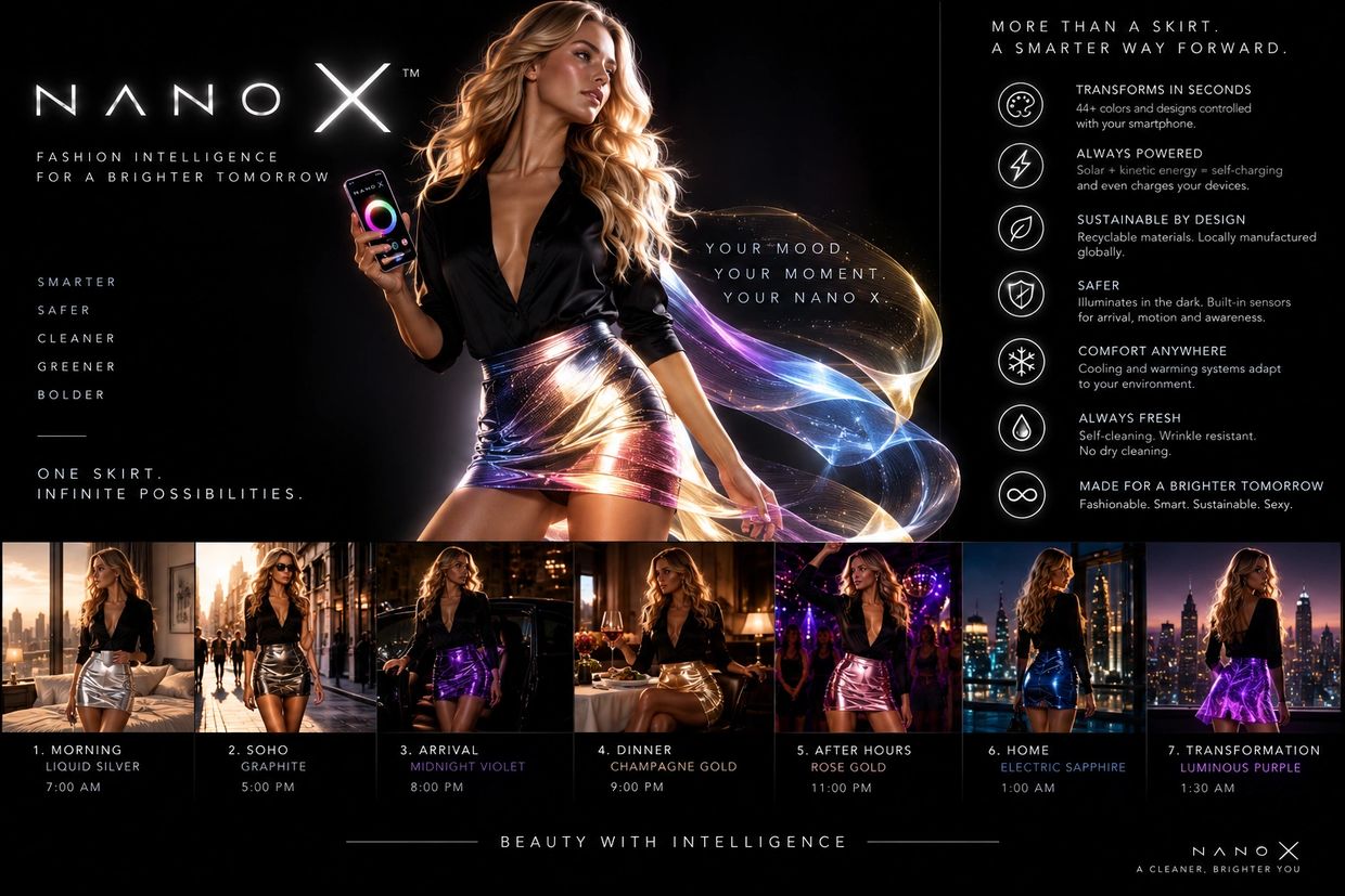 Fashionable woman modeling Nano X color-changing skirts.