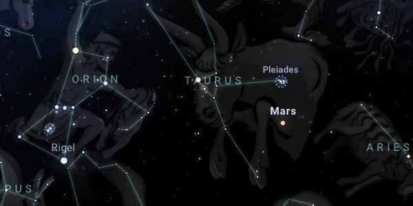 Star map showing constellations Orion, Taurus, and Aries with Mars and Pleiades.