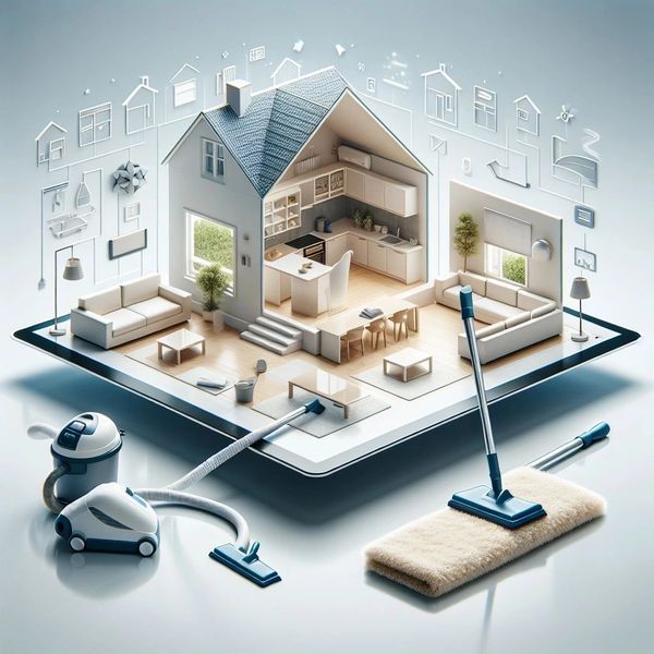 A miniature modern house model on a tablet surrounded by cleaning tools.