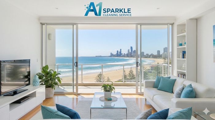 Bright and clean living room with ocean view, showcasing A1 Sparkle Cleaning Service.