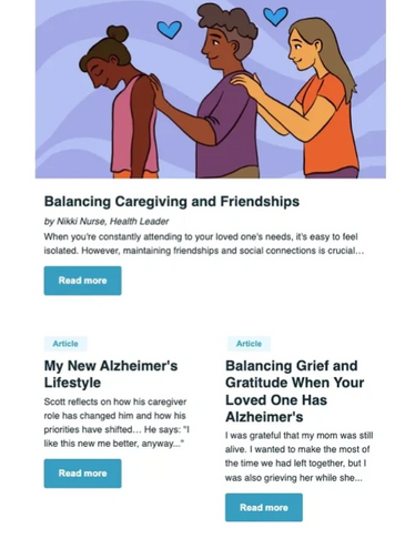 Illustration of three people offering support, tied to caregiving and friendship.
