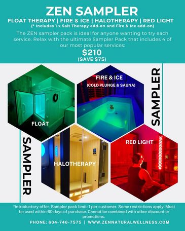 Zen sampler pack of float therapy cold plunge and sauna red light therapy and halotherapy 