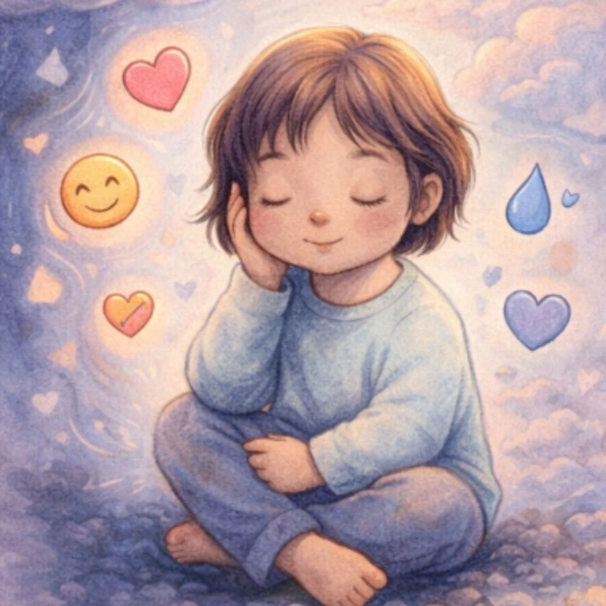 kid siting on ground with emojis floating in the air by their head 