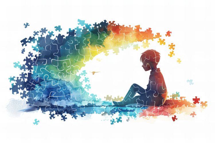 Abstract puzzle art with a child and rainbow colors.