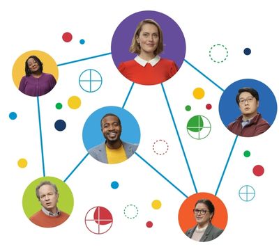 Illustration of diverse people connected by lines and colorful circles.