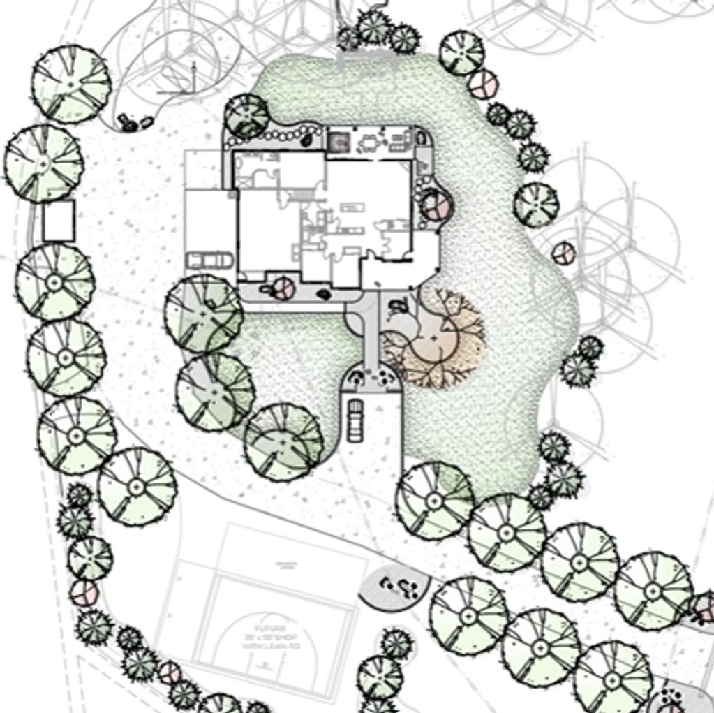 Cheney farmhouse landscape design drawing showing open lawn areas, gravel drives, entry planting, pr