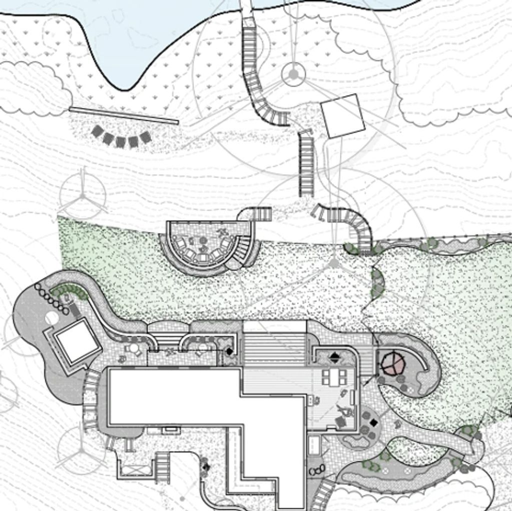 Lakefront landscape design drawing showing a home, sauna area, lawn, lake access paths, stairs, outd