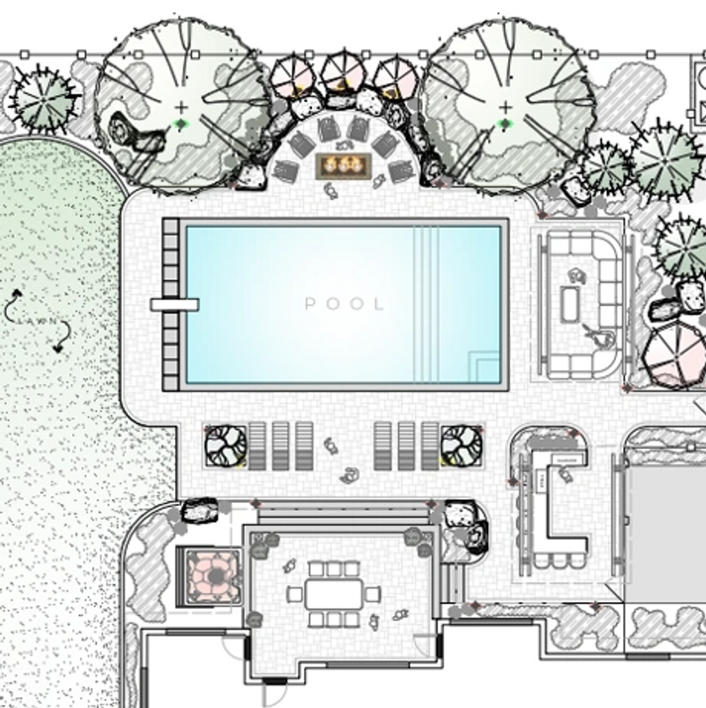 Backyard landscape design drawing showing a custom swimming pool, spa, paver pool deck, outdoor kitc