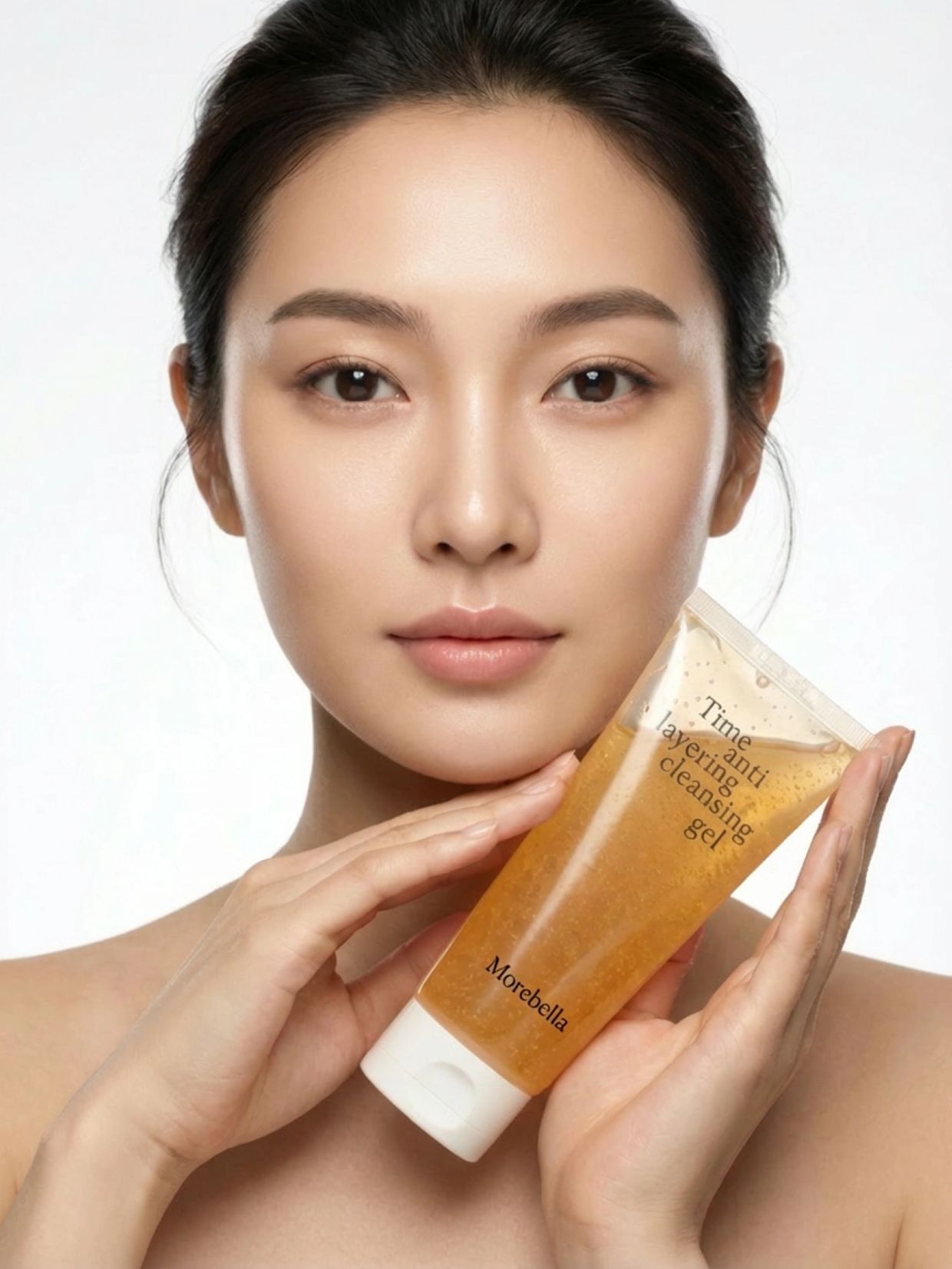 Woman holding Morebella Time anti layering cleansing gel with clear skin.