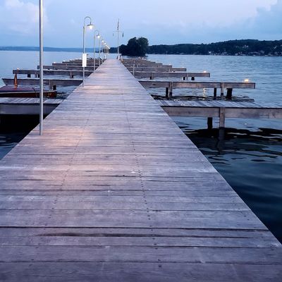 Boardwalk on a lake in Maine.