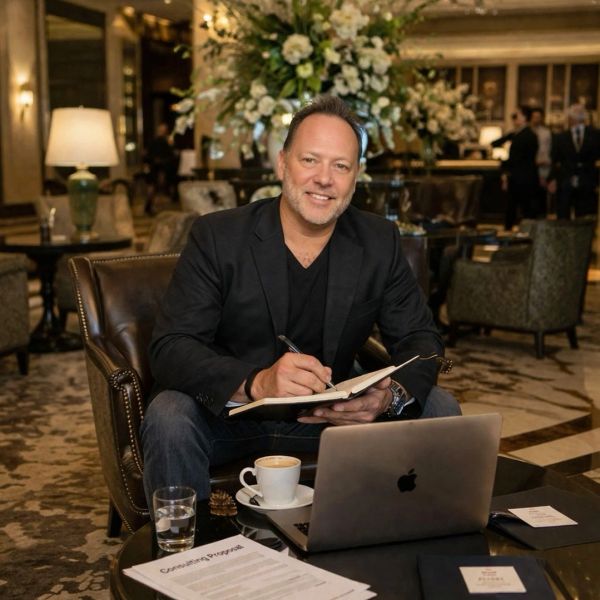 Man smiling while writing in a notebook at a cozy lounge with coffee and laptop.