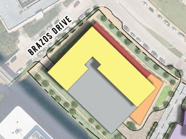 Site plan showing building layout along Brazos Drive.