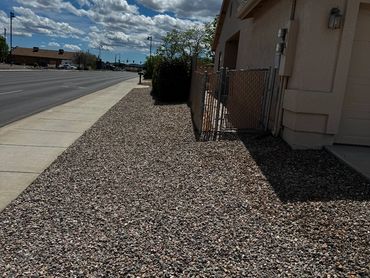Rock-covered yard beside a sidewalk and house in a sunny neighborhood.