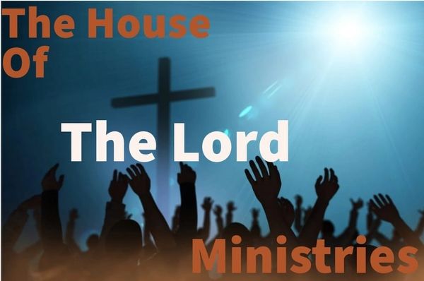 The House of the Lord Ministries name with people worshipping at the foot of a cross.