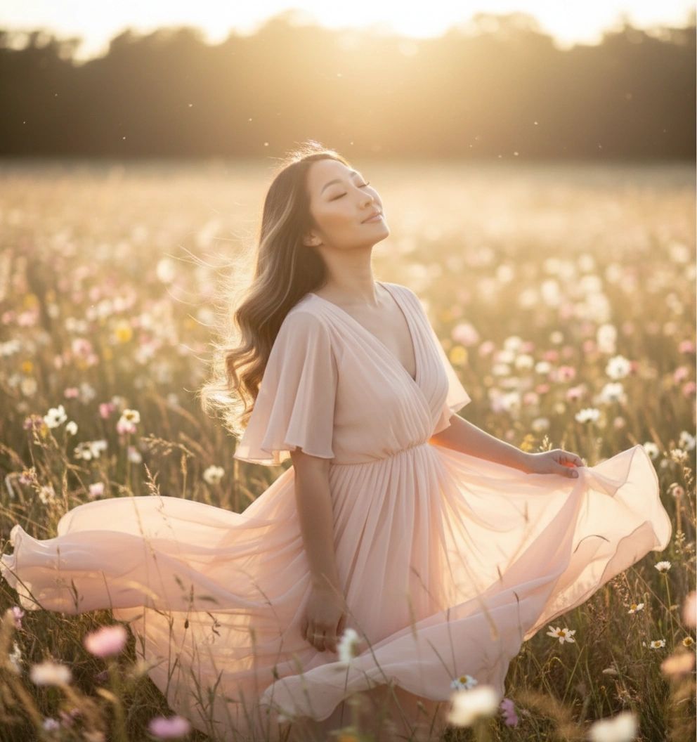 Woman in a flowing dress enjoying a sunny flower field.