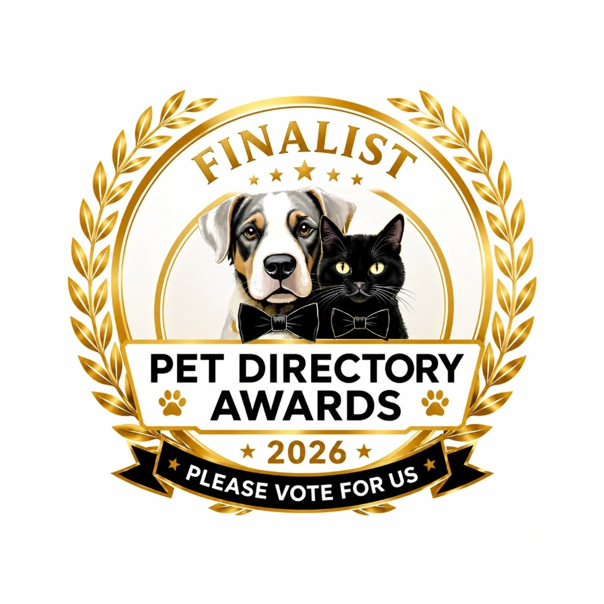 Pet Directory Awards 2026 finalist badge with dog and cat.