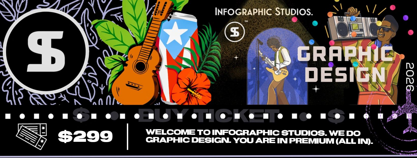 Colorful graphic design ticket for Infographic Studios with music and cultural elements.