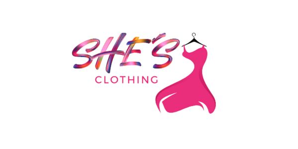 Logo for She's Clothing with colorful text and a pink dress on a hanger.