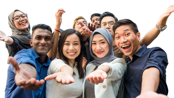 Diverse group of friends smiling and reaching out cheerfully.