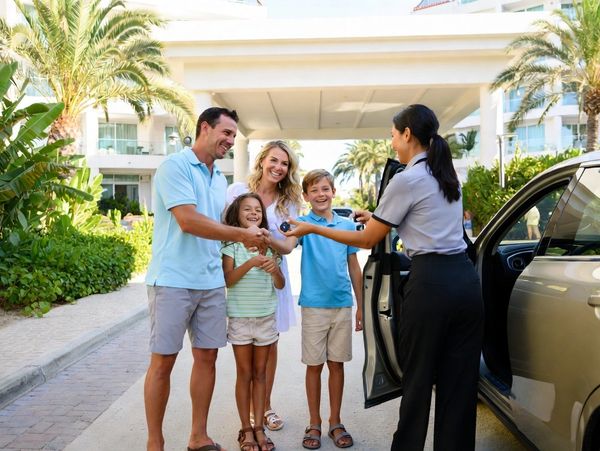 Family receiving car keys from a valet outside a hotel.