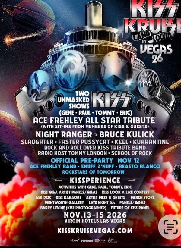 KISS Kruise 2026 Vegas event poster featuring band lineups and activities.
