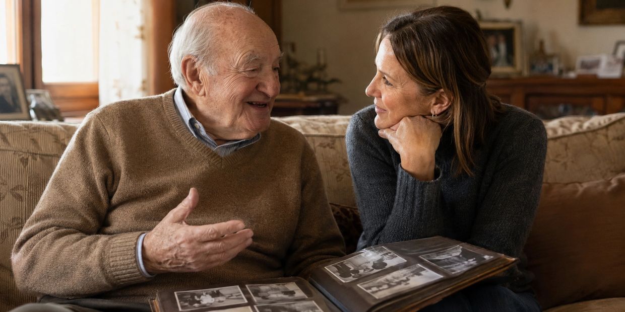 Elderly man and woman sharing memories through photo album.