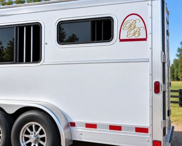 Close-up of a white vehicle trailer with dual wheels and initials 'BB'.