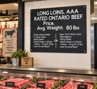 Sign displaying prices and types of AAA rated Ontario beef.