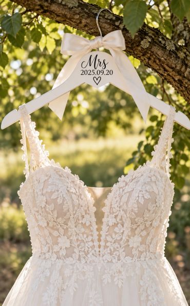 Wedding dress on a personalized hanger with date and 'Mrs' text.