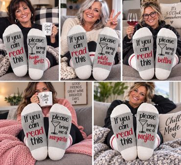 Women wearing socks with fun drink messages.